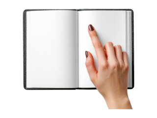 Hand Pointing at Blank Pages of an Open Book on Transparent Background