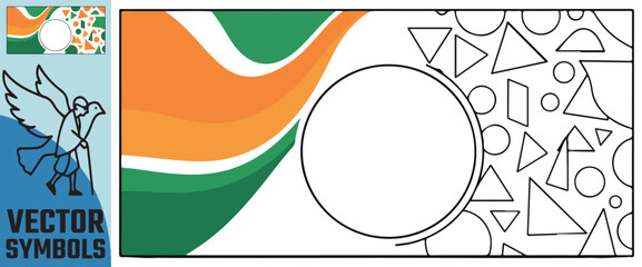 Fototapeta premium Abstract artistic design with flowing orange and green waves on the left and a geometric pattern with a blank oval space on the right for text or images