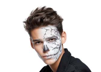 Spooky Halloween Skull Face Paint on Young Man on Transparent Background