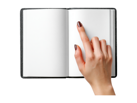 Hand Pointing at Blank Pages of an Open Book on Transparent Background