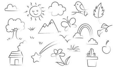 Whimsical Hand-Drawn Nature and Outdoor Icons &ndash; Black and White Sketch Set
