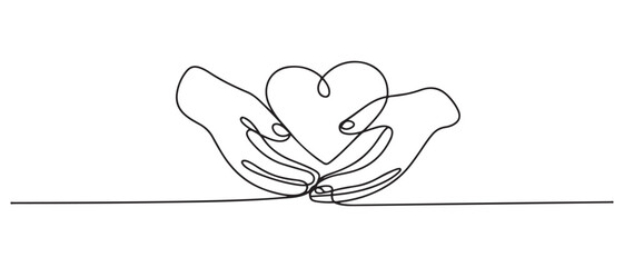 Hands holding heart continuous one line drawing. Charity donation linear concept. One continuous line drawing of hands holding heart. one line Icon drawing with white background