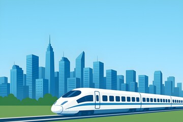 High-speed train traveling through a modern city skyline on a clear day