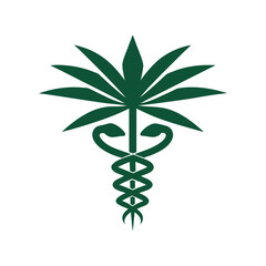 Dark green caduceus symbol with palm fronds on white background medical health