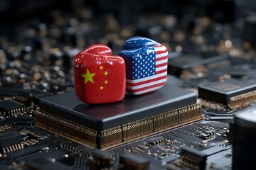 US-China Tech Rivalry: Boxing Gloves on Microchip, 3D Render, Dark Moody Concept