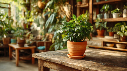 Obraz premium wooden pot with green plant illuminated by sunlight gentle mist creating fresh serene indoor atmosphere natural foliage decor scene