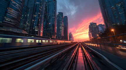 Fototapeta premium futuristic city at sunset with glowing train tracks capturing vibrant motion energy blending modern technology nature urban dynamic skyline scene