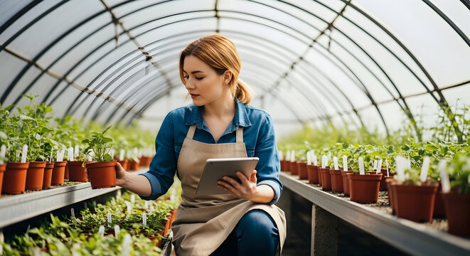 Young woman gardener using tablet in greenhouse examining plants sustainable farming agriculture technology horticulture botany gardening