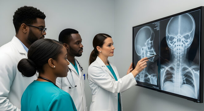 Medical Team Examining XRay Images Professional Healthcare Doctors Radiology Diagnosis Consultation Teamwork Hospital Clinic Specialists