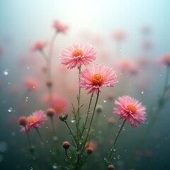 Dreamy pink asters with water droplets, soft light