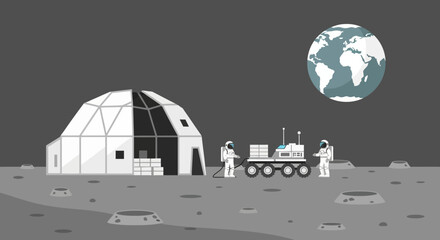 Illustration of a futuristic lunar base with astronauts and a rover exploring the moon's surface, envisioning human expansion and scientific research in outer space © The blitz