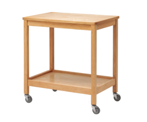 A simple wooden serving cart with two shelves and wheels, isolated on a transparent background, perfect for kitchens, dining rooms, or offices