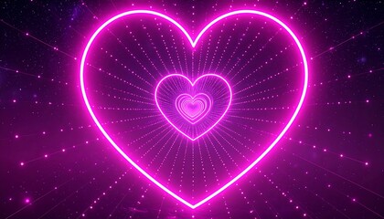 Pink neon heart shape with glowing inner hearts, starry background