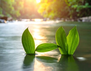 Fresh leaves on a tranquil river