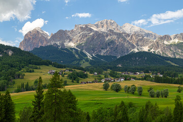 View of Cortina d'Ampezzo town, Belluno,  and mountains Dolomites . Italy.