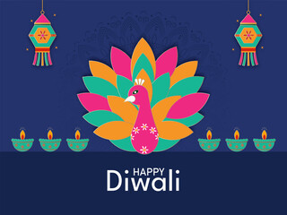 Happy Diwali Indian festival of lights. Vector illustration of National bird Peacock rangoli design with oil lamp and lantern decoration.