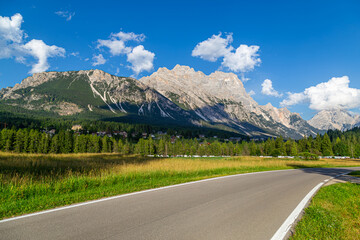 View of Cortina d'Ampezzo town, Belluno,  and mountains Dolomites . Italy.