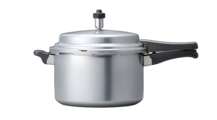 A shiny, silver aluminum pressure cooker with black handles, isolated on a transparent background, showcasing its durable construction and modern design for efficient cooking