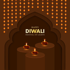 Happy Diwali Indian festival of lights banner, poster or web header design 3d Pedestal podium  Vector Illustration.