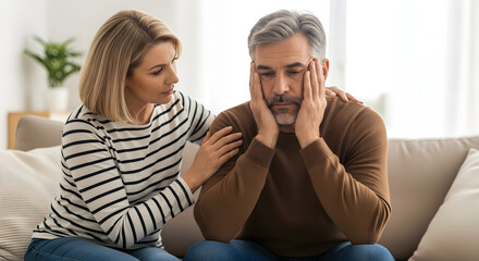 Fototapeta premium Supportive Wife Comforting Her Upset Husband At Home Showing Empathy and Care