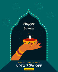 Happy Diwali Indian festival of lights.Creative Beautiful background design with woman hand holding oil lamp. Vector Illustration.