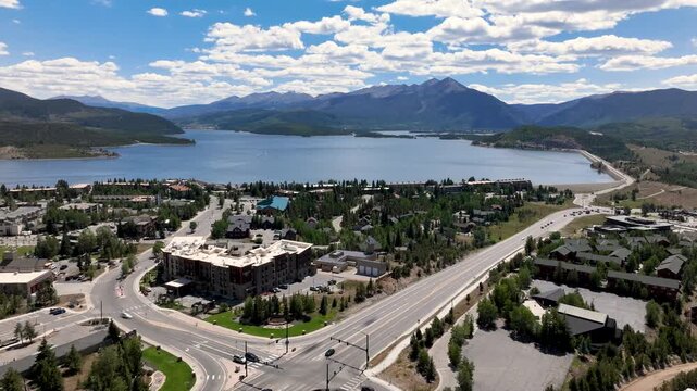 DJI Mavic 3 Cine aerial hyperlapse of busy intersection and Lake Dillon in the background_1