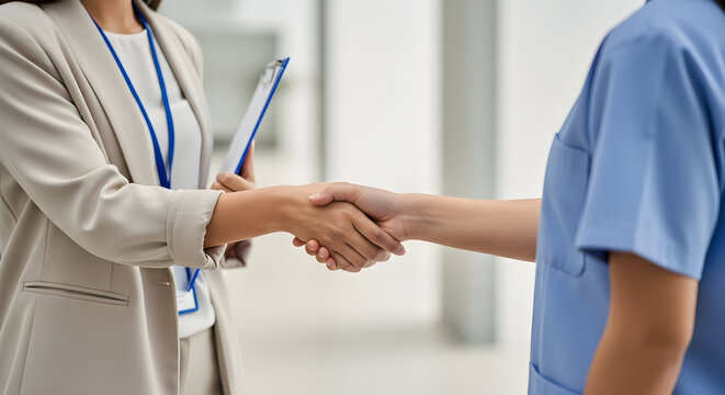 Businesswoman and nurse shaking hands healthcare partnership collaboration medical teamwork professional success cooperation agreement contract