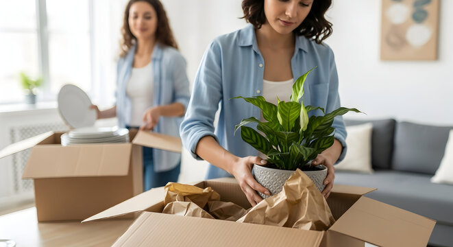 Two women carefully packing their belongings into cardboard boxes preparing for a house move new home relocation unpacking plants - Powered by Adobe