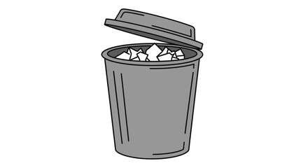 Simple Illustration of a Gray Trash Can with Lid Opened, Revealing Crumpled Paper Inside