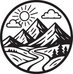 Circular mountain landscape with winding river and sun