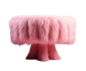 A fluffy pink ottoman with a unique mushroomshaped base, isolated on a transparent background, showcasing its soft texture and whimsical design, perfect for modern or playful interior decor