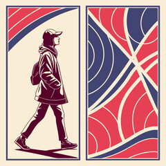 A person walking with a retro background and a modern aesthetic