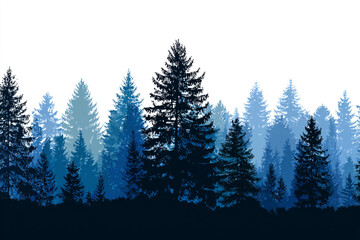 Blue silhouettes of tall evergreen trees in a forest against a white background