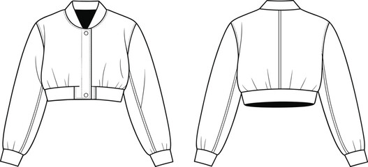 Flat fashion sketch of trendy cropped bomber jacket with long sleeves, ribbed hem, front button closure, casual streetwear clothing illustration