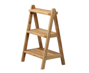 A wooden aframe shelf unit with three tiers, perfect for displaying plants or decorative items, isolated on transparent background