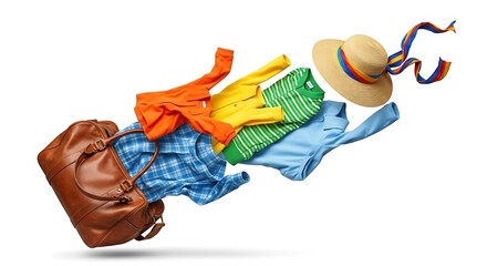 Colorful summer clothes and straw hat floating against white background