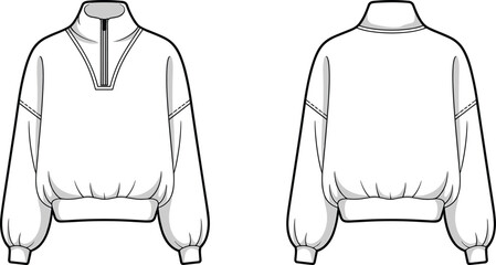 Women pullover sweatshirt with half zip front, long sleeve elastic cuffs, ribbed hem, fashion flat sketch, casual clothing template © Creatives Art