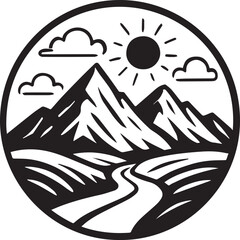 Circular emblem of a sunny mountain landscape with winding river and clouds