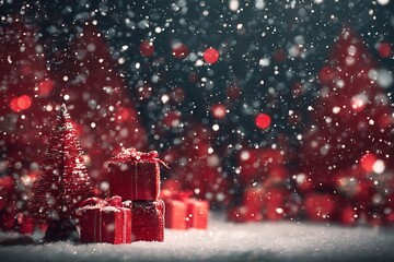 Red Christmas Gifts and Tree in Snowy Winter Scene; Festive Holiday Background