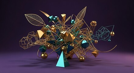 Abstract Geometric Sculpture with Gold and Teal Elements on a Purple Background