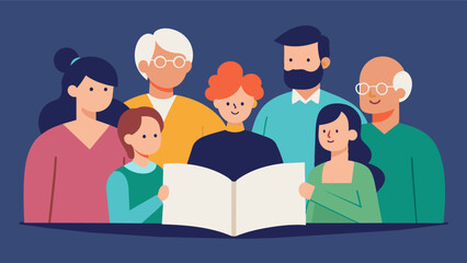 A family coming together to create a memory book for a loved one who has passed away celebrating their life with cherished memories and stories.. Vector illustration