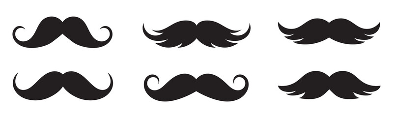 Minimalist black mustache icon set – hand-drawn silhouettes of curled, bushy, thin, and stylized facial hair for fashion, character design, and grooming visuals.
