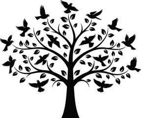 Tree silhouette with birds, black and white nature art, flying birds illustration, stylized tree design, wildlife graphic, forest scene