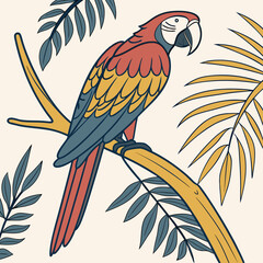 A scarlet macaw perched on a branch with leaves around it