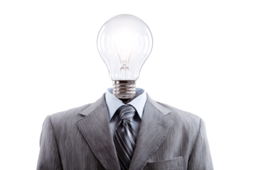 Idea man in suit with glowing light bulb head, isolated on white transparent background