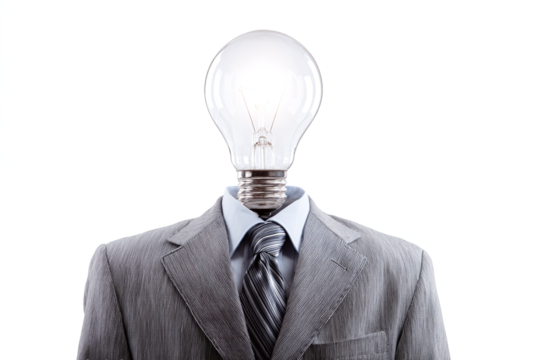 Idea man in suit with glowing light bulb head, isolated on white transparent background - Powered by Adobe