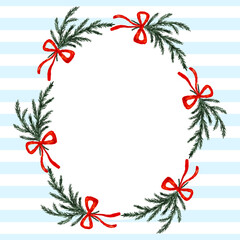 Christmas festive holiday frame with pine branches red bows and striped blue background.