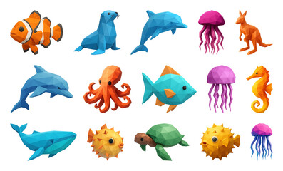 Obraz premium PNG Colorful geometric marine animals, element set on transparent background