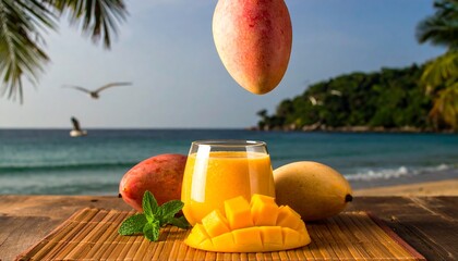 Fresh mango smoothie at tropical beach