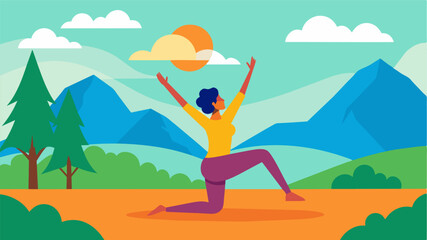 A person engaging in an outdoor yoga class with visuals of the vibrant scenery the sound of the instructors voice and the feeling of stretching and breathing.. Vector illustration